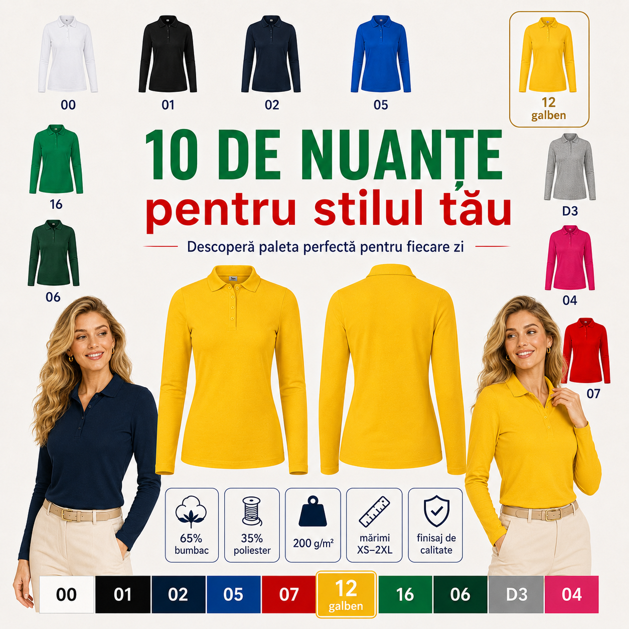 Bluză polo damă cu m&acirc;necă lungă potrivită pentru birou, oraș, vacanță, casual și timp liber